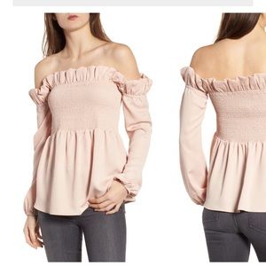 Pink smocked off the shoulder blouse